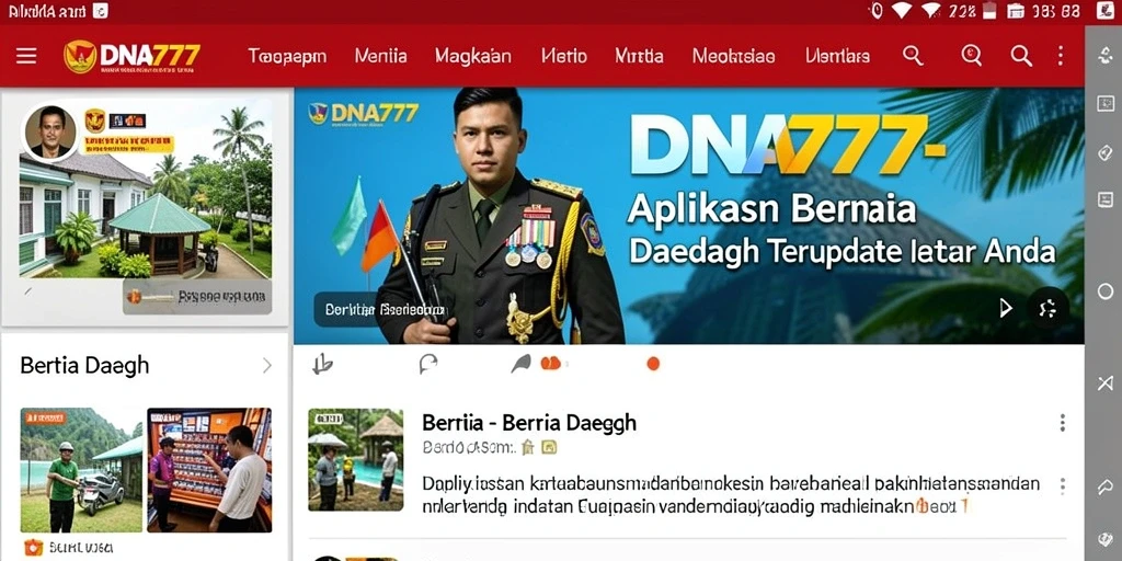 Screenshot aplikasinya menunjukkan antarmuka berita daerah yang bersih dan informatif.