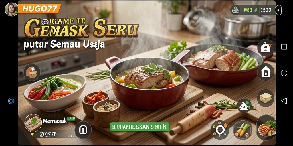 Tampilan antarmuka permainan memasak HUGO77 yang menarik.