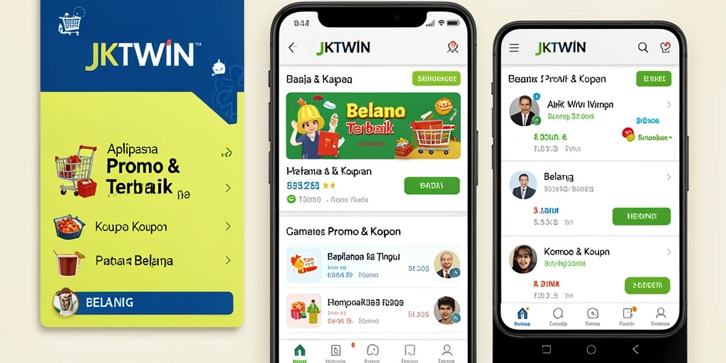 Tampilan antarmuka aplikasi JKTWIN dengan berbagai kupon menarik.