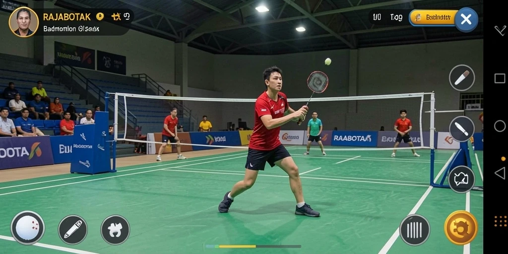 Tampilan antarmuka game Badminton RAJABOTAK yang menarik dan dinamis.